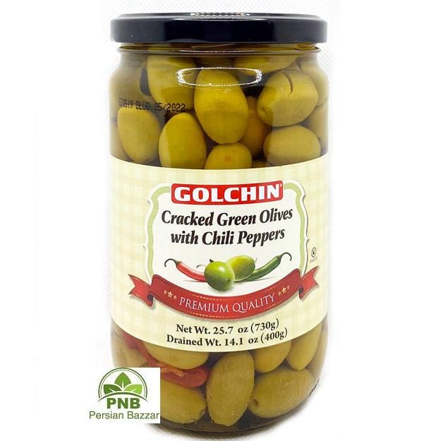 Golchin Cracked Green Olives with Chili Peppers