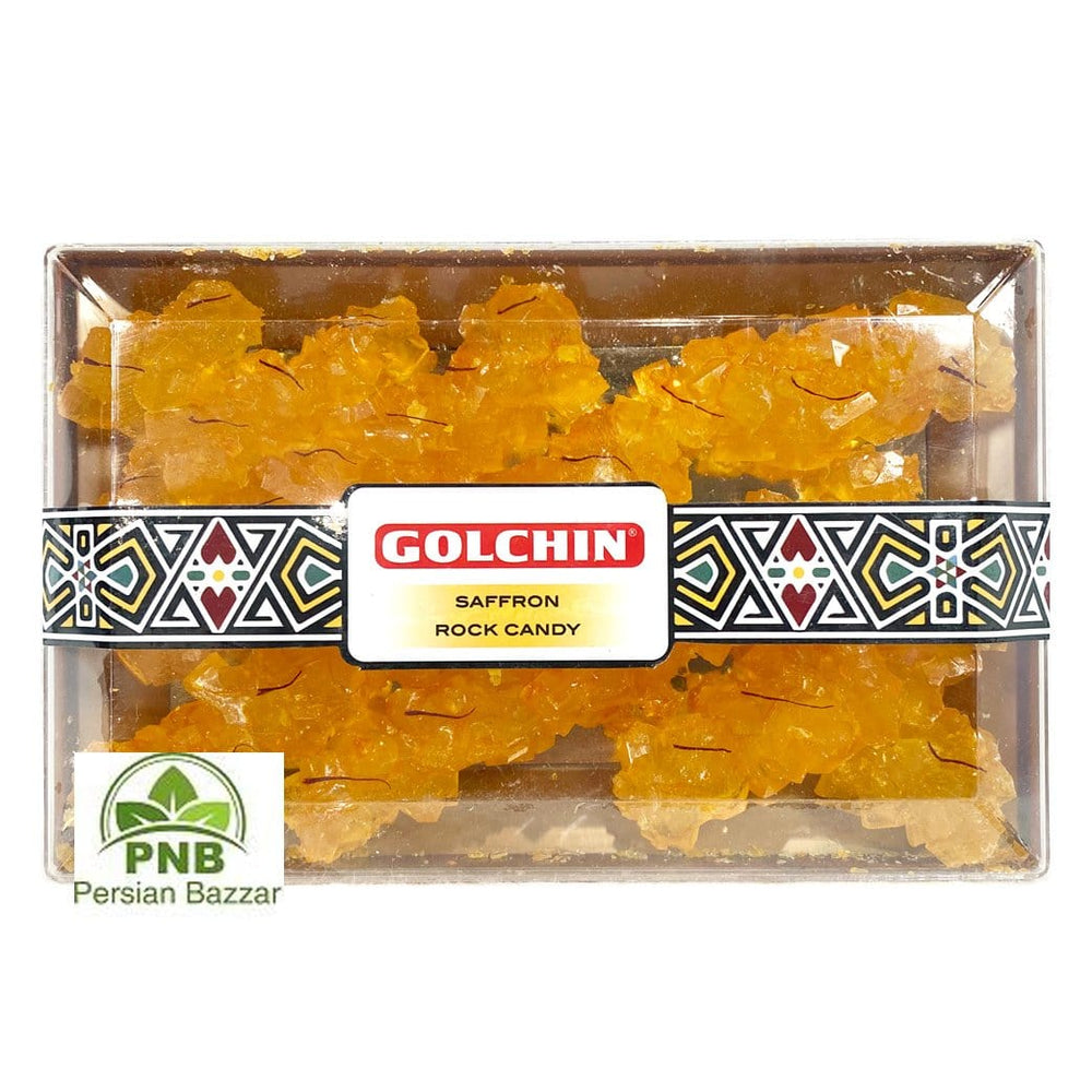 Golchin Saffron Rock Candy, 8 oz, Nabat Saffaroni, Nabaat Shakhei